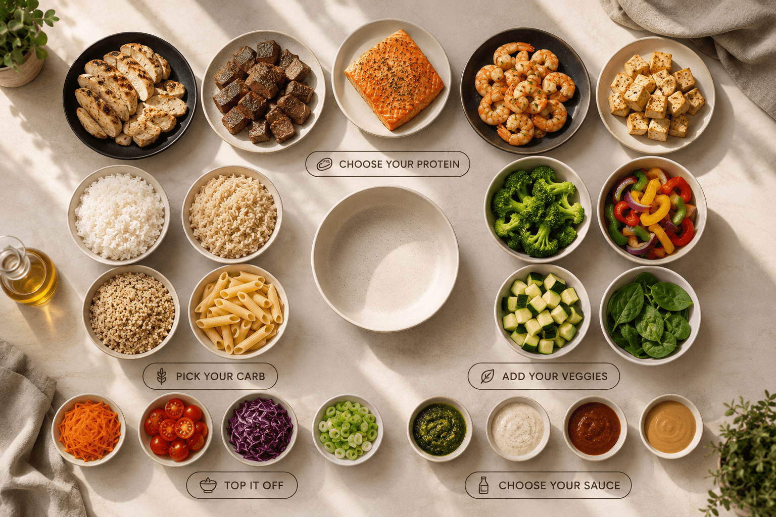 Overhead flat-lay of fresh ingredients, proteins, grains, and vegetables